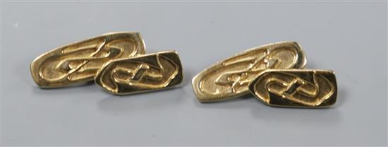 A stylish pair of 9ct gold shaped oval cufflinks decorated in the manner of Archibald Knox, makers mark AHL.